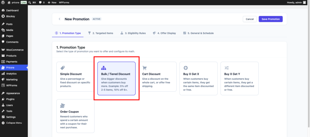 Ezhance promotion type section showing bulk discount selected