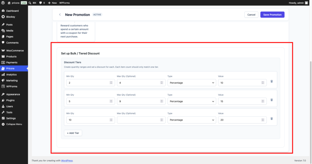 Ezhance bulk discount settings showing multiple quantity discount tiers