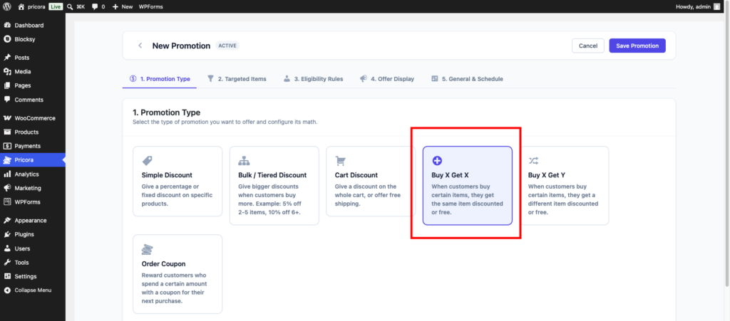 Buy X Get X promotion type selected in the Ezhance promotion builder