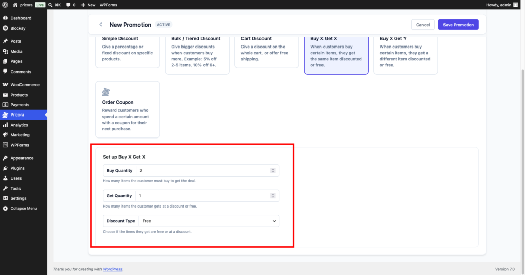 Buy X Get X settings showing Buy Quantity 2, Get Quantity 1, and Discount Type Free