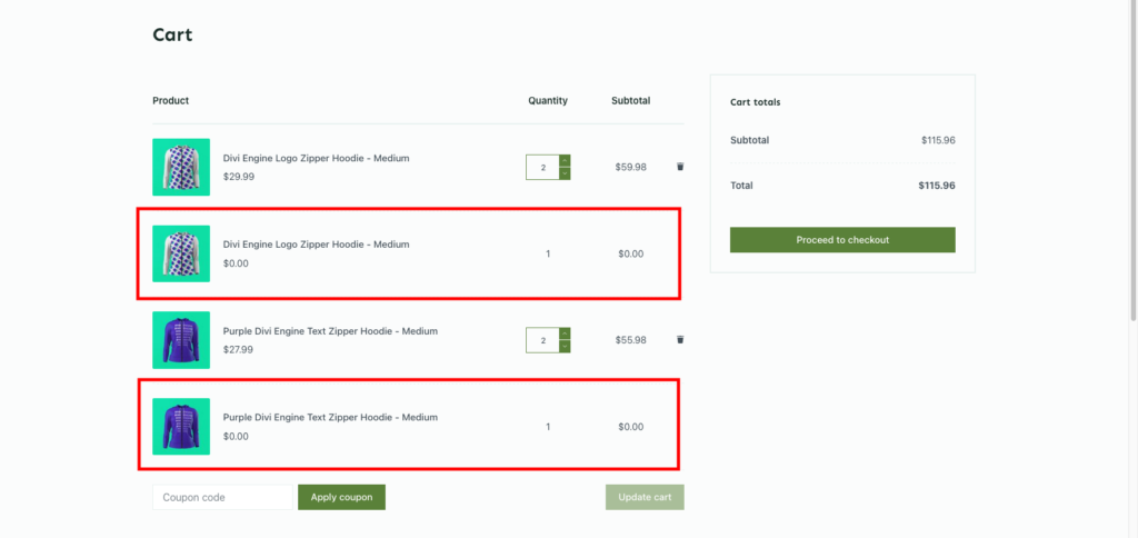 WooCommerce cart showing free reward products automatically added by a Buy X Get X promotion
