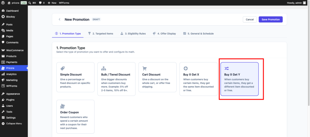 Buy X Get Y promotion type selected in the Ezhance promotion builder