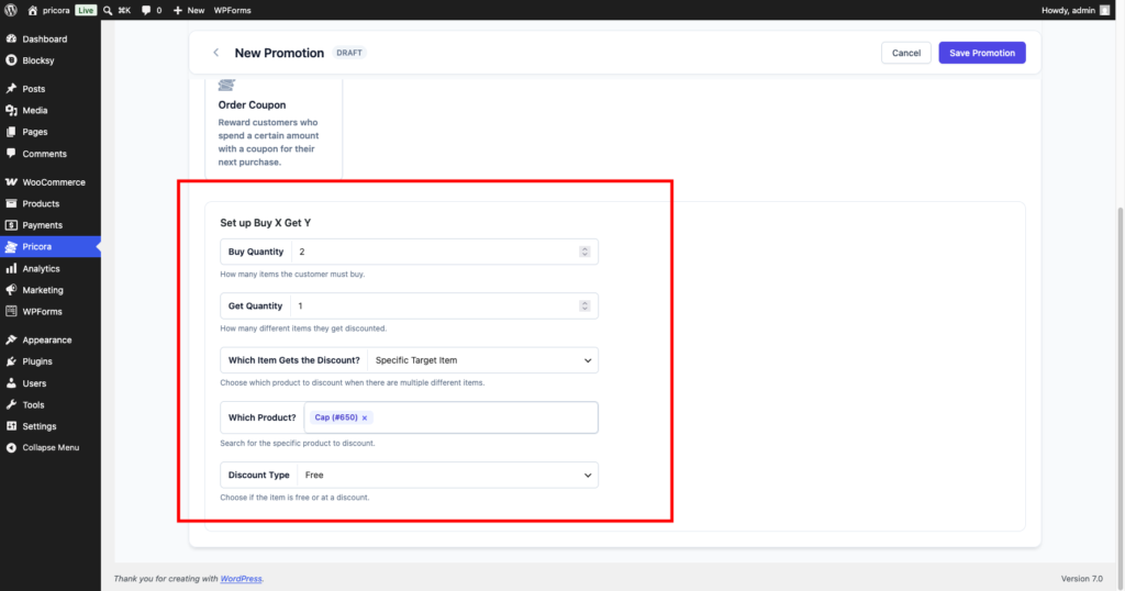 Buy X Get Y settings showing Buy Quantity, Get Quantity, reward product selection and discount type