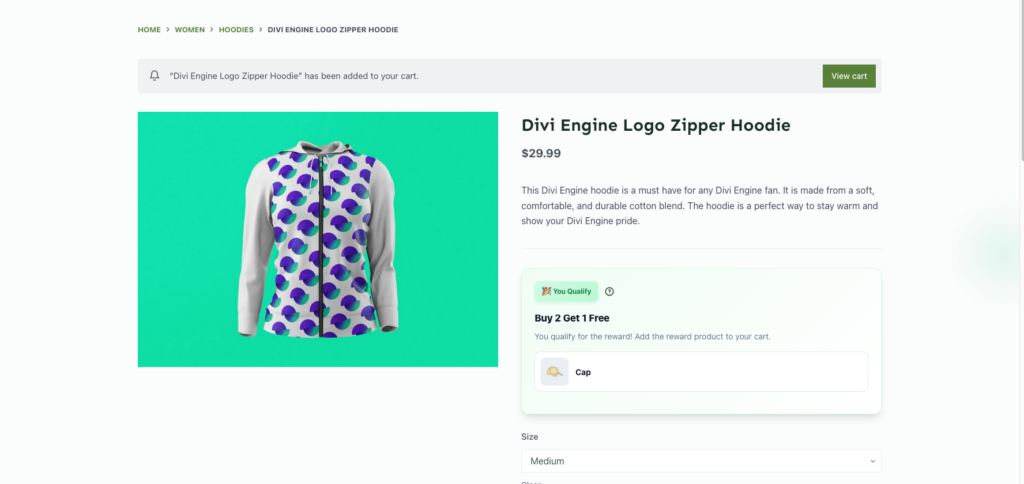 Buy X Get Y promotion displayed on the WooCommerce product page showing a free cap reward