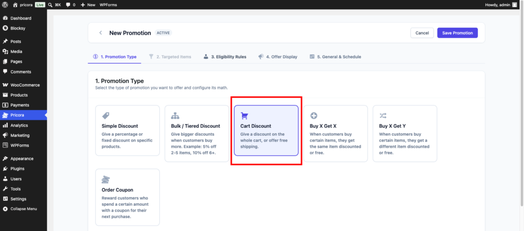 Ezhance promotion type section showing cart discount selected