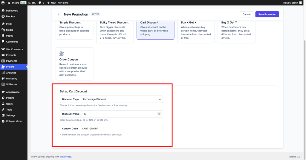Ezhance cart discount settings showing percentage and fixed cart discount options