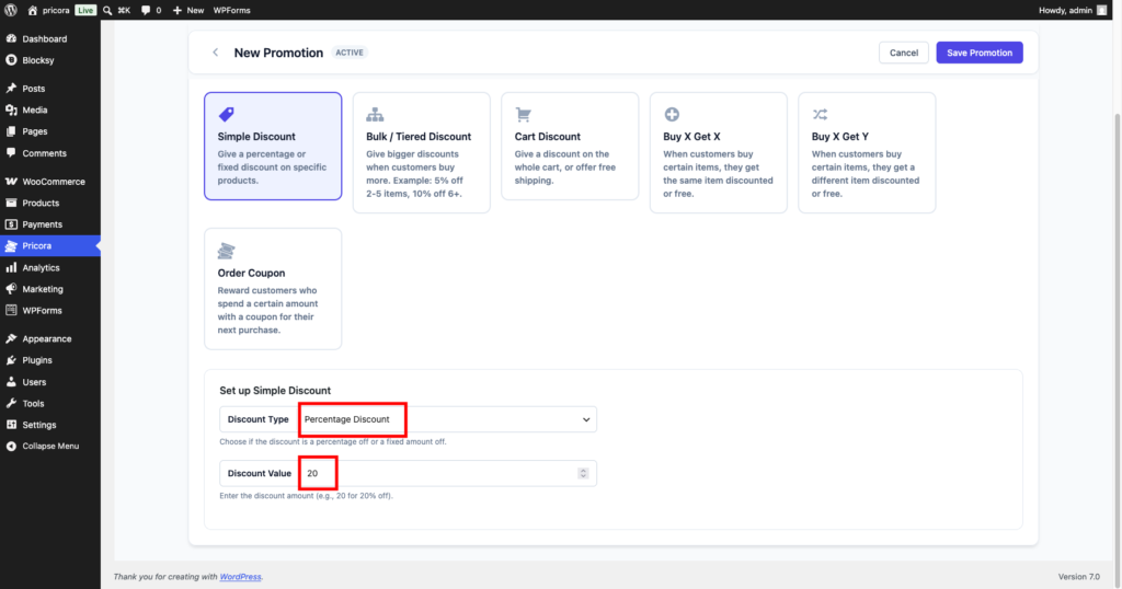 Ezhance simple discount configuration showing percentage discount settings