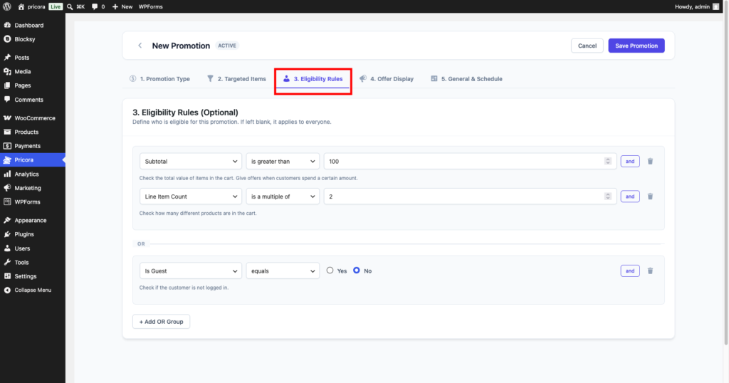 Ezhance eligibility rules section showing available rule groups