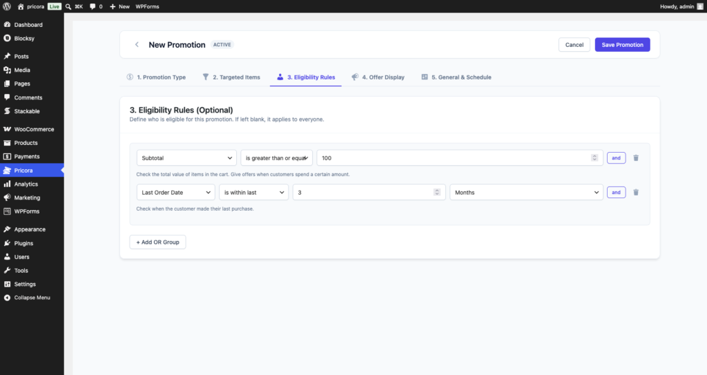 Ezhance eligibility rules showing cart conditions, cart item conditions, customer rules and purchase history conditions