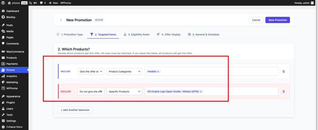 Ezhance Target Selection showing include category rule and exclude product rule