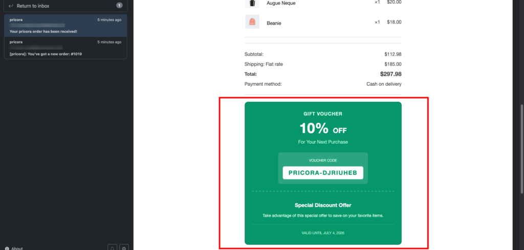 WooCommerce order confirmation email containing a generated coupon voucher