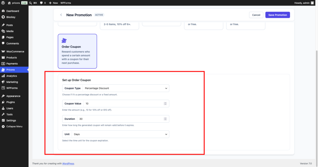 Order Coupon settings showing coupon type, coupon value, duration and expiration unit