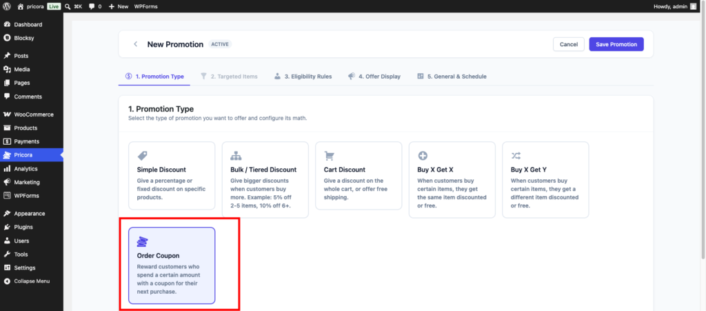 Order Coupon promotion type selected in the Ezhance promotion builder