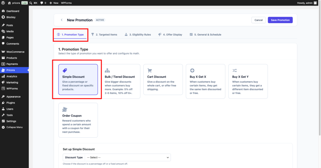 Ezhance promotion type selection screen showing available promotion types