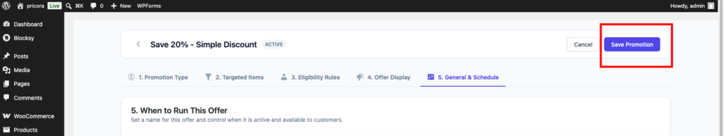 Ezhance save promotion button used to publish a promotion