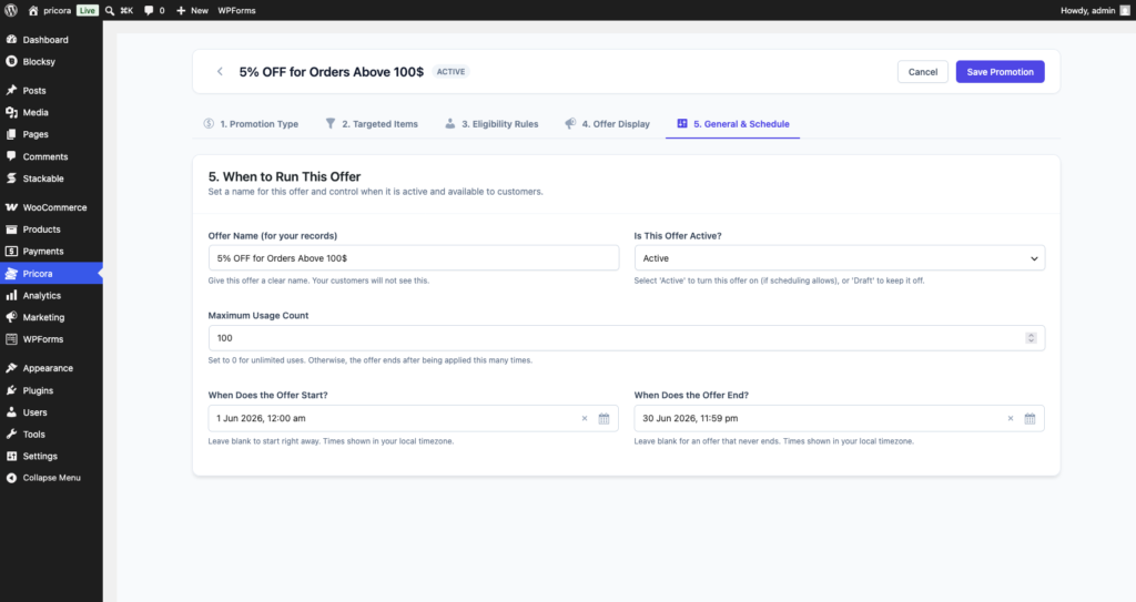 Ezhance promotion scheduling showing start date, end date, priority and usage limit settings