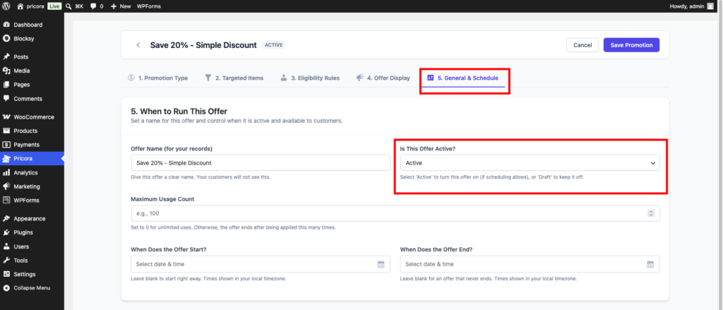 Ezhance promotion schedule settings showing start date end date and status options