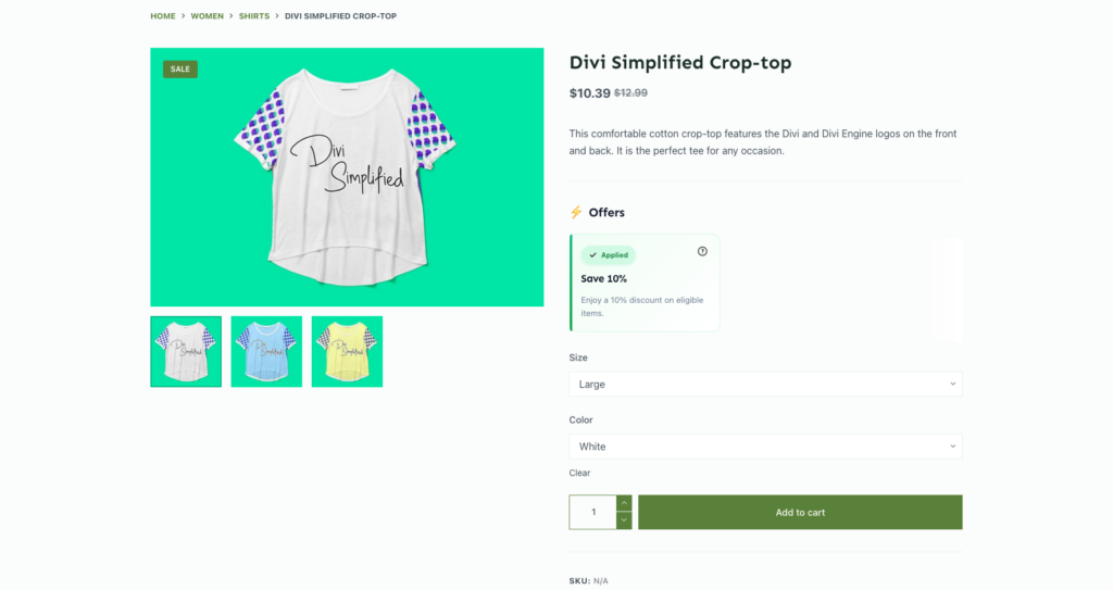 WooCommerce storefront displaying a Ezhance offer card and discounted product pricing