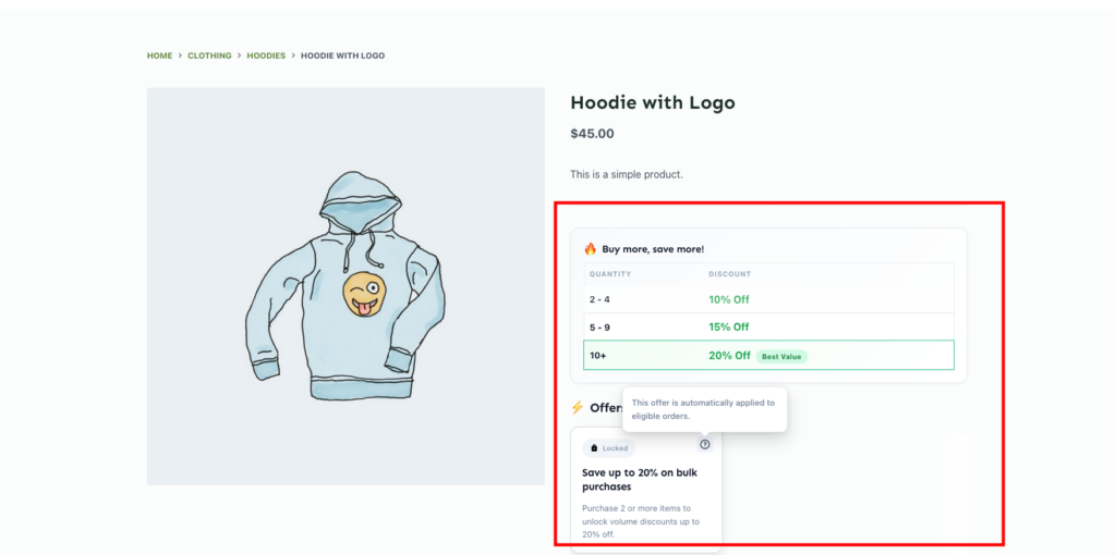 WooCommerce product page displaying a Ezhance tier pricing table with quantity discounts