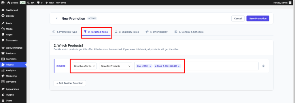 Ezhance target selection settings showing specific product targeting