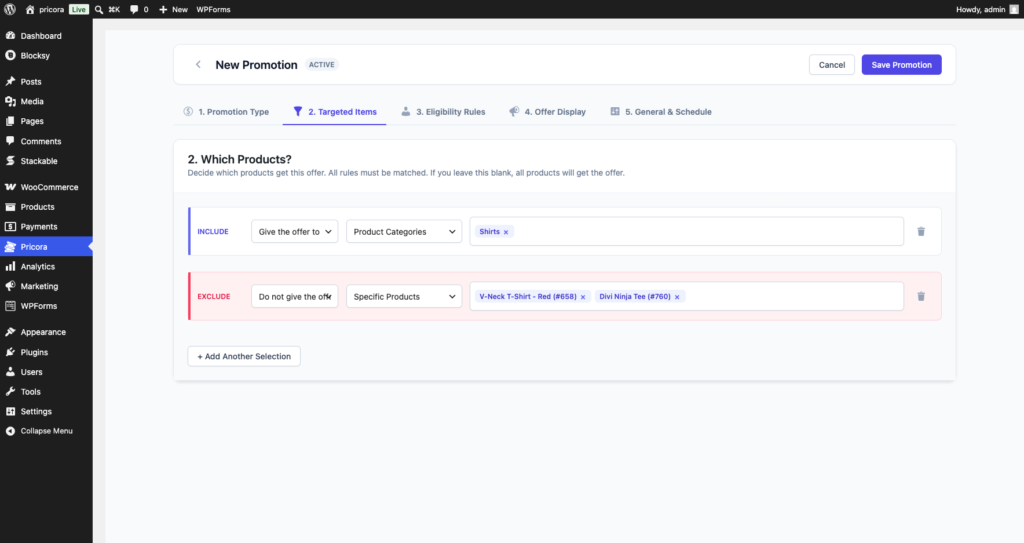 Ezhance target selection settings showing products, categories, attributes, tags and sale item targeting options