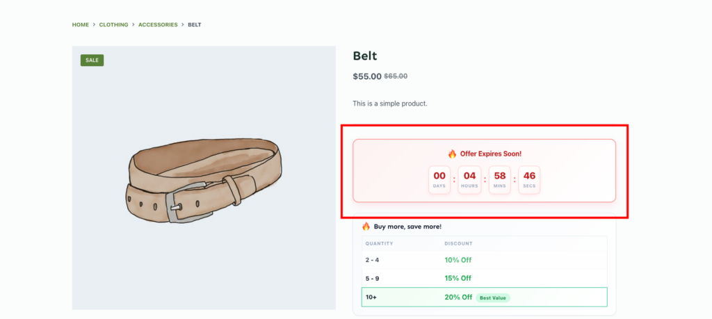 Ezhance Countdown Timer displayed on a WooCommerce product page showing time remaining for a promotion.