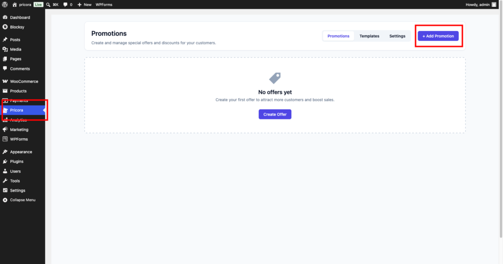 Ezhance promotions dashboard showing the create promotion button