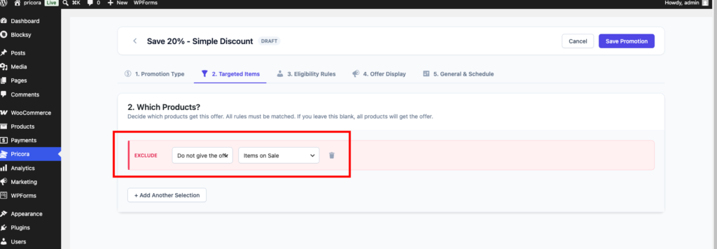 Ezhance Target Selection settings showing the Exclude Sale Items option enabled.