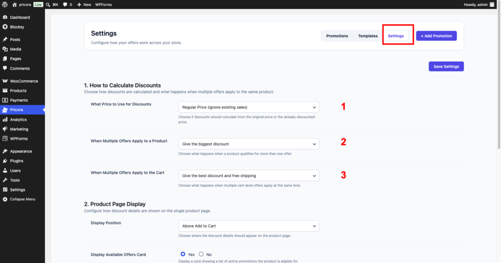 Ezhance global settings page showing pricing source and promotion stacking options