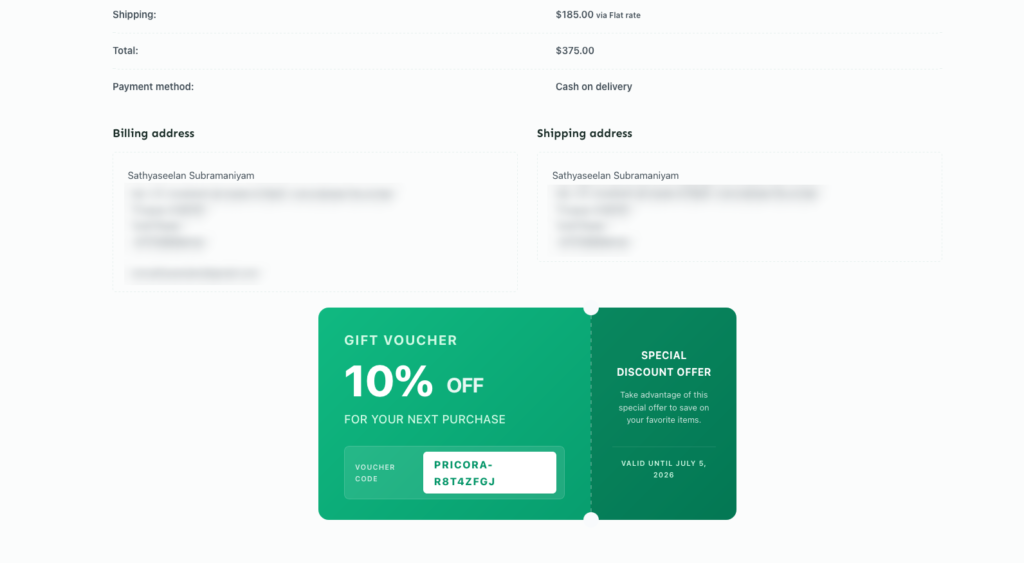 Ezhance Order Coupon Voucher displayed on a WooCommerce thank you page showing a generated discount coupon.