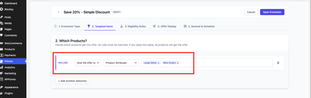 Ezhance Target Selection settings showing WooCommerce product attributes selected for a promotion.