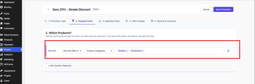 Ezhance Target Selection settings showing WooCommerce product categories selected for a promotion.