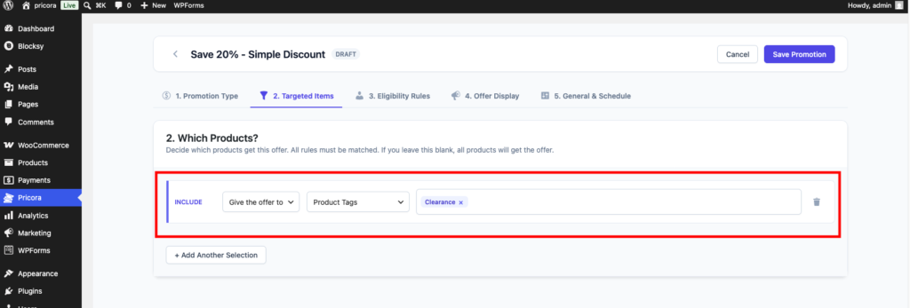 Ezhance Target Selection settings showing WooCommerce product tags selected for a promotion.