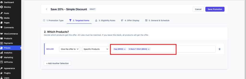 Ezhance Target Selection settings showing specific WooCommerce products selected for a promotion.