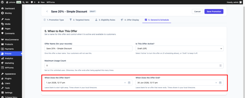 Ezhance promotion schedule settings showing start date, end date, and usage limit configuration.