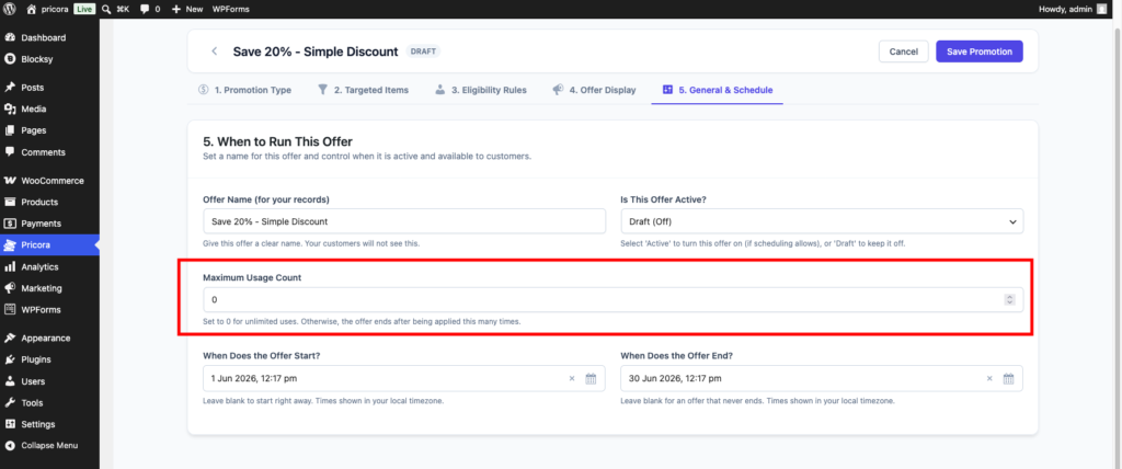Ezhance promotion limits section showing maximum usage count configuration.