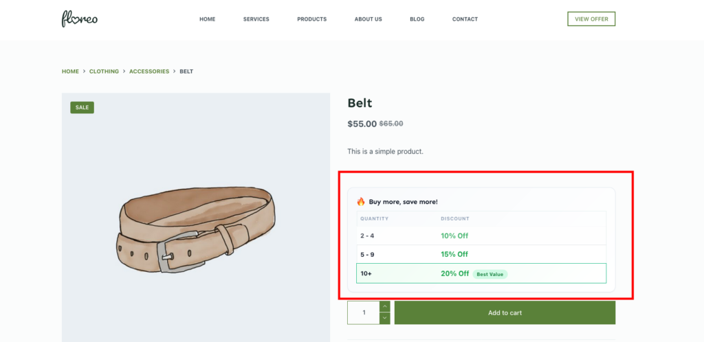 Ezhance Tier Pricing Table displaying multiple quantity discount tiers on a WooCommerce product page.